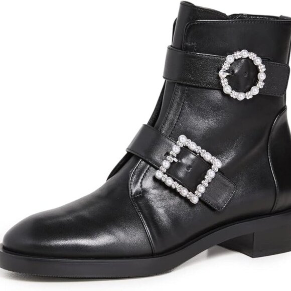 Stuart Weitzman Women's Ryder Pearl Geo Buckle Bootie Black size 6.5 and 7.5 - Picture 1 of 9